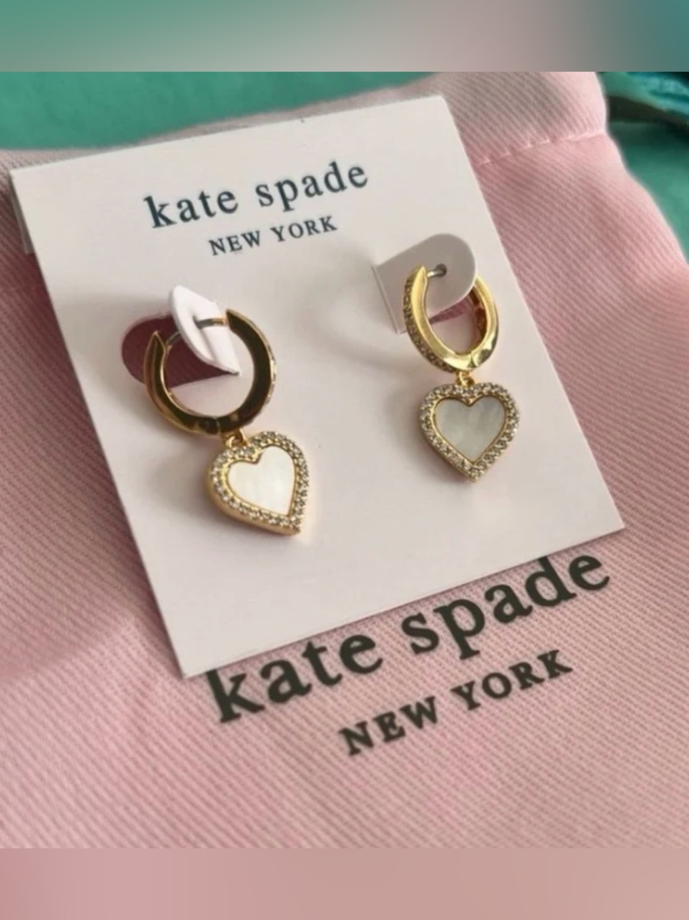 Kate Spade Take Heart (Gold/ CZ stones) Huggie drop earrings - Picture 2 of 7